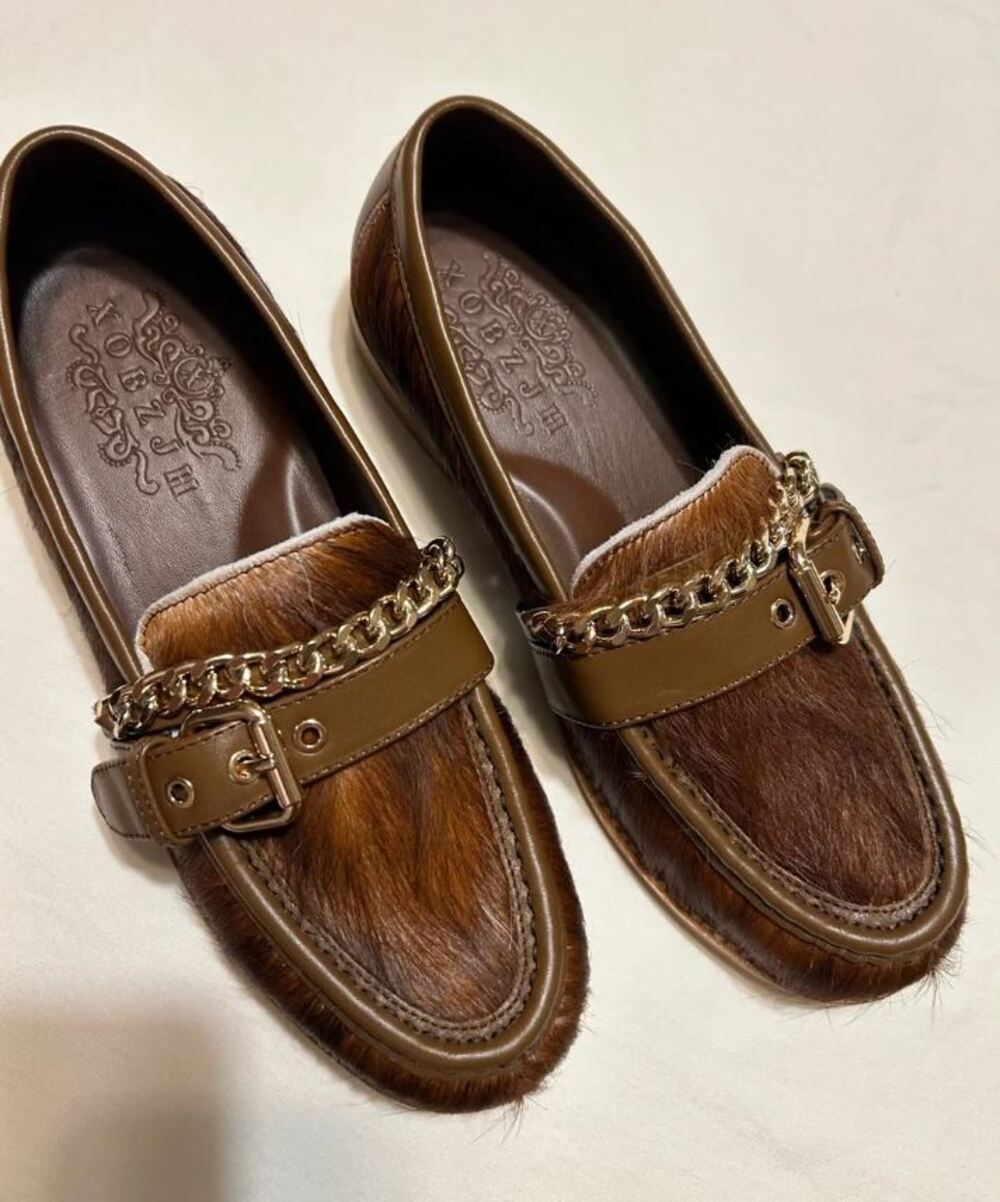 XOBZJH Womens Size 39 BROWN Haircalf LOAFERS Gold CHAIN Memory Foam